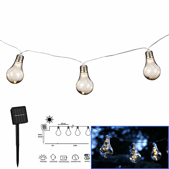 Eine Glühbirnen-Girlande mit leuchtenden Glühbirnen ist vor einem unscharfen, dunklen Hintergrund zu sehen. Die fokussierte Glühbirne zeigt kleine, warmweiße Lichter im Inneren, die ein sanftes, gemütliches Licht ausstrahlen und eine einladende Atmosphäre