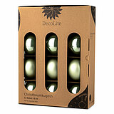 Ein 12er Pack Christbaumkugeln in Salbei mit 8cm Durchmesser von DecoLite in einer dekorativen Schachtel.