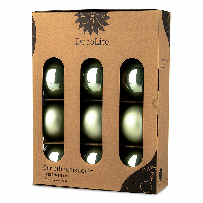 Ein 12er Pack Christbaumkugeln in Salbei mit 8cm Durchmesser von DecoLite in einer dekorativen Schachtel.