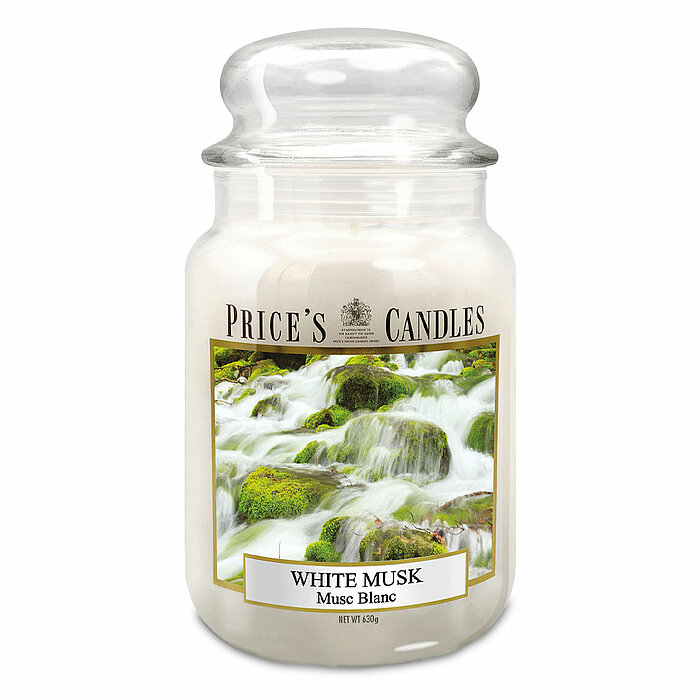 Eine Apothekerglas-Kerze von Prices Candles in der Größe 19,5x10cm mit dem Duft White Musk und einem Gewicht von 630g.