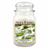 Eine Apothekerglas-Kerze von Prices Candles in der Größe 19,5x10cm mit dem Duft White Musk und einem Gewicht von 630g.