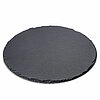 Ein runder, schwarzer Schieferplatten-Untersetzer mit einer leicht unebenen, natürlichen Kante. Die Oberfläche ist glatt und matt, mit feinen Strukturierungen, die typisch für Schiefer sind.