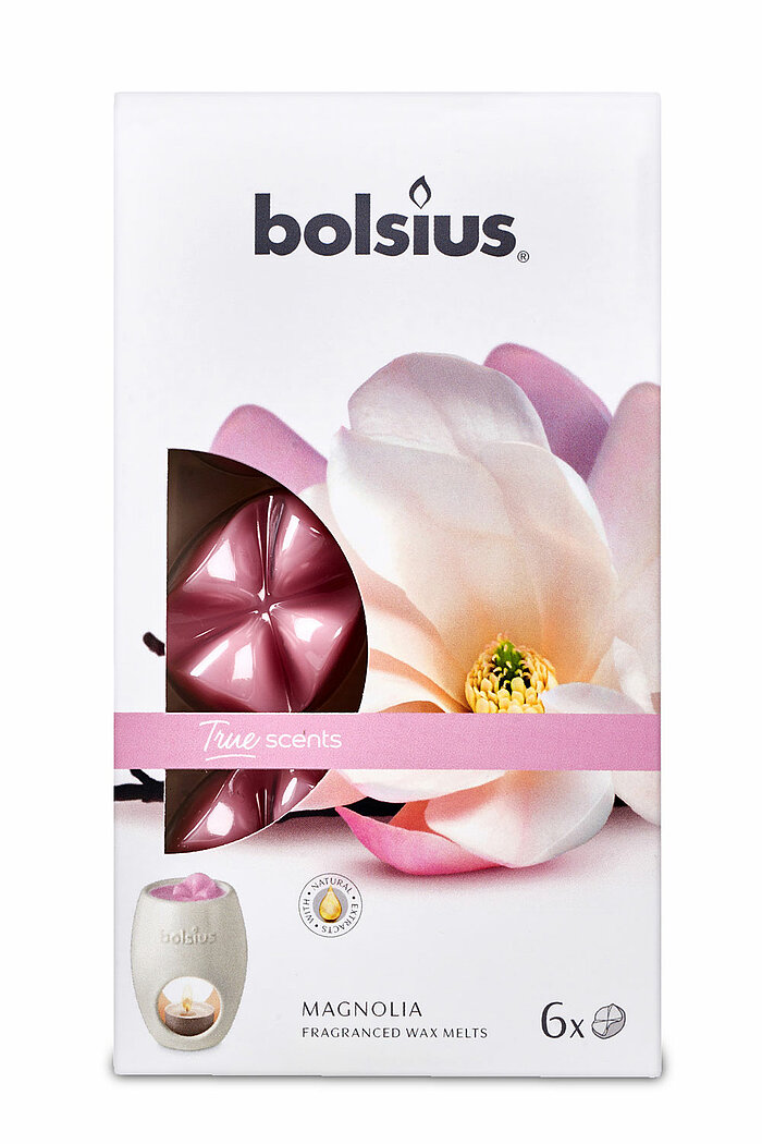 Eine 6er Packung True Scents Wax Melts von Bolsius mit dem Geruch Magnolia.