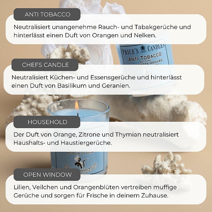 Eine brennende "Chef's Candle" von Prices Candles steht auf einem Schneidebrett in einer Küche. Auf dem Schneidebrett liegen Frühlingszwiebeln, eine rote Zwiebel, eine Knoblauchknolle und gehackte grüne Zwiebeln. Im Hintergrund sind Küchengeräte und eine 