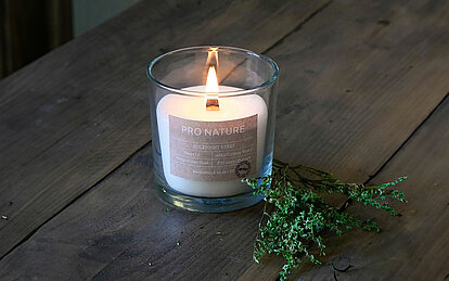 Ein brennendes Kerzenglas aus natürlichem Wachs mit Holzdocht, steht auf einem dunklen Holztisch neben einem grünen Zweig.