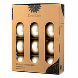 Ein 12er Pack Christbaumkugeln in Champagner mit 8cm Durchmesser von DecoLite in einer dekorativen Schachtel.