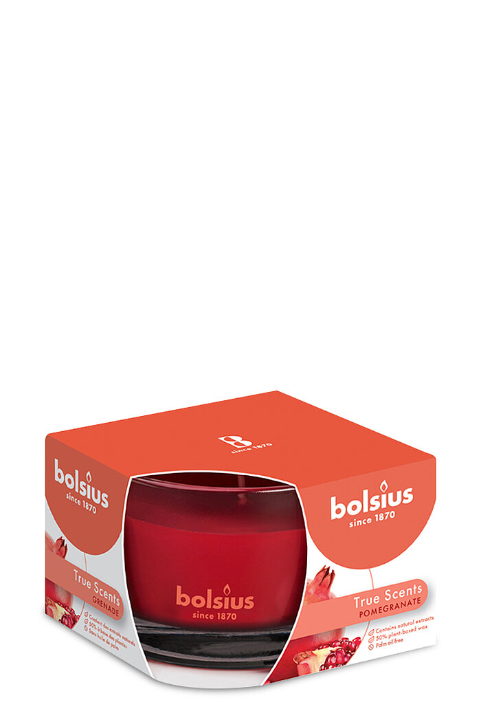 Ein Bolsius True Scents Duftglas mit dem Geruch Granatapfel in der Größe 6,3x9cm.