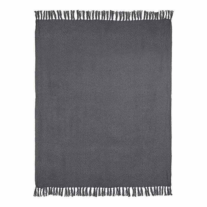 Das Bild zeigt eine Nahaufnahme von einem grauen Schal. Auf der linken Seite des Bildes ist die gefranste Kante des Schals zu sehen. Auf der rechten Seite wird der Schal erneut aus einem anderen Winkel gezeigt, dieses Mal mit einem schwarzen Etikett darau