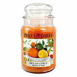 Eine Apothekerglas-Kerze von Prices Candles in der Größe 19,5x10cm mit dem Duft Sicilian Citrus und einem Gewicht von 630g.
