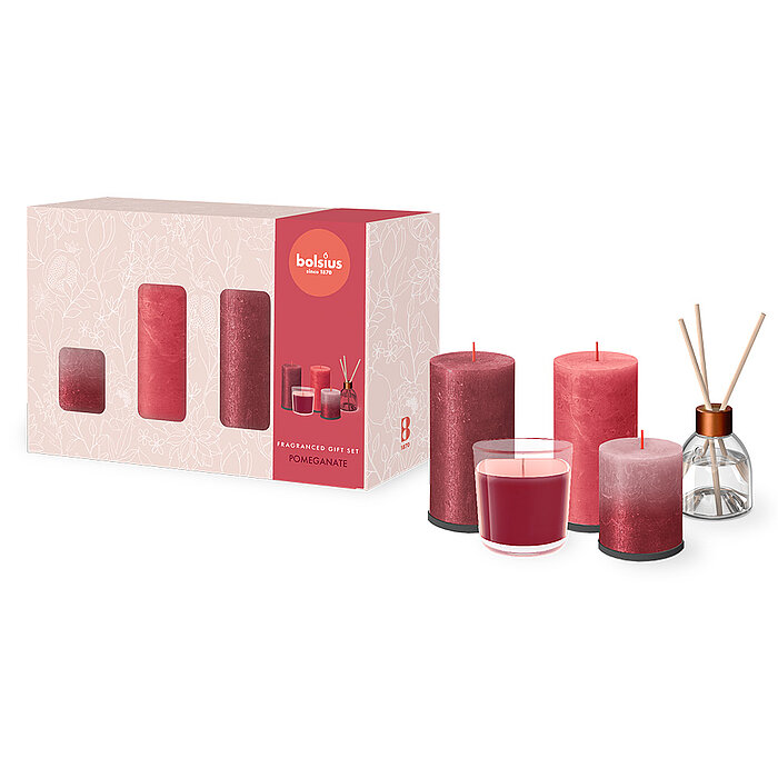 Ein Bolsius Raumduft-Geschenk-Set Fruit Splash mit dem Geruch Granatapfel.