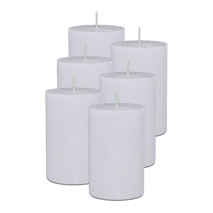 6 Stumpenkerzen von Decolite in der Größe 11x7cm in der Farbe weiß.
