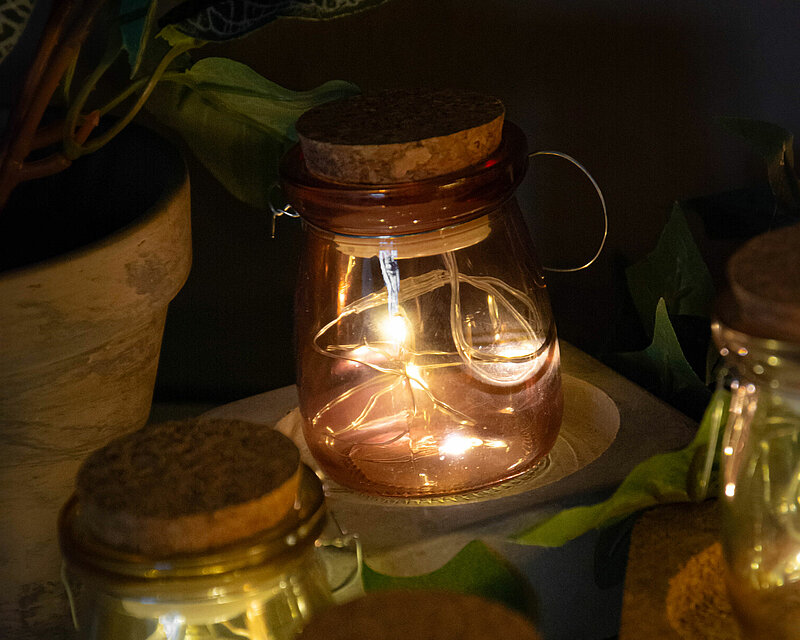 In einem leicht abgedunkelten Raum stehen auf einem Tisch mehrere verschiedenfarbige Mini-LED-Krüge von Edelman, die ein warmes Licht ausstrahlen und eine angenehme, harmonische Stimmung verbreiten. Am linken Bildrand steht neben den Krügen eine grüne Topfpflanze