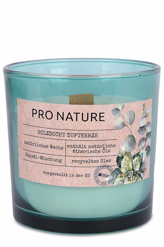 Ein Raps Duftglas mit Holzdocht von Müller Kerzenfabrik in der Größe 10x10cm mit dem Duft Eukalyptus & Minze.