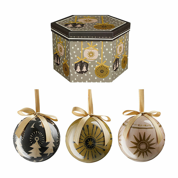 Das Bild zeigt eine sechseckige Box mit weihnachtlichen Dekoren. Die Box ist mit Mustern von Sternen, Tannenbäumen und Weihnachtskugeln in den Farben Gold, Schwarz und Weiß verziert. Vor der Box sind drei Weihnachtsbaumkugeln nebeneinander aufgereiht. Jed