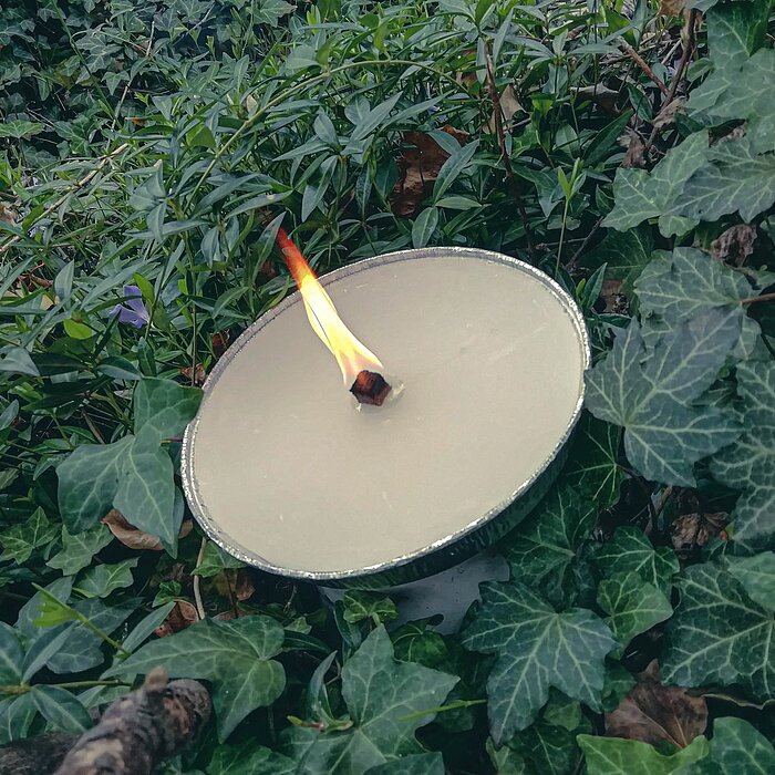 Eine brennende Wenzel Outdoor-Kerze in einer Metallschale, die von grünen Efeublättern und anderen Pflanzen umgeben ist. Die Kerze brennt mit einer starken Flamme und erzeugt eine gemütliche und beruhigende Atmosphäre im Freien.