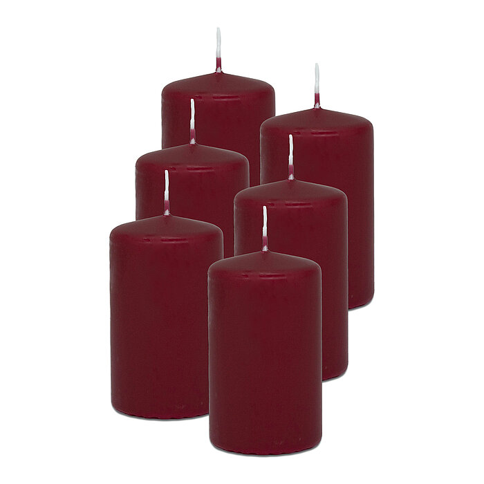 6 Stumpenkerzen von Decolite in der Größe 10x6cm in der Farbe altrot.