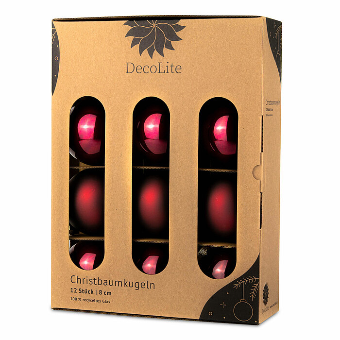 Ein 12er Pack Christbaumkugeln in Bordeaux mit 8cm Durchmesser von DecoLite in einer dekorativen Schachtel.