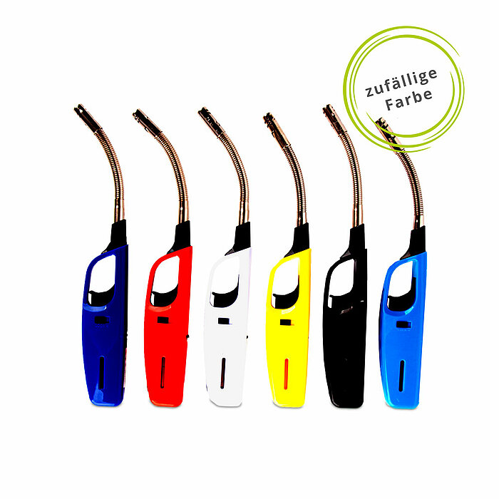 Sechs bunte Feuerzeuge mit langen, flexiblen Hälsen in den Farben Blau, Rot, Weiß, Gelb, Schwarz und erneut Blau sind aufgereiht. Auf der Oberseite des Bildes befindet sich ein Kreis mit dem Text "zufällige Farbe".