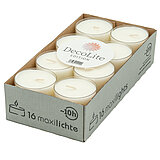 Ein Karton mit 16 weißen Maxi-Teelichtern der Marke DecoLite Edition. Die Teelichter sind ordentlich in zwei Reihen zu je acht Stück angeordnet. Der Karton ist grau und zeigt ein Symbol einer brennenden Teelichtkerze sowie die Aufschrift "16 maxilichte" u