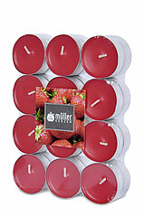 24 Duft-Teelichter von Müller Kerzenfabrik in der Größe 1,5x3,9cm mit dem Geruch Erdbeer-Liebe.