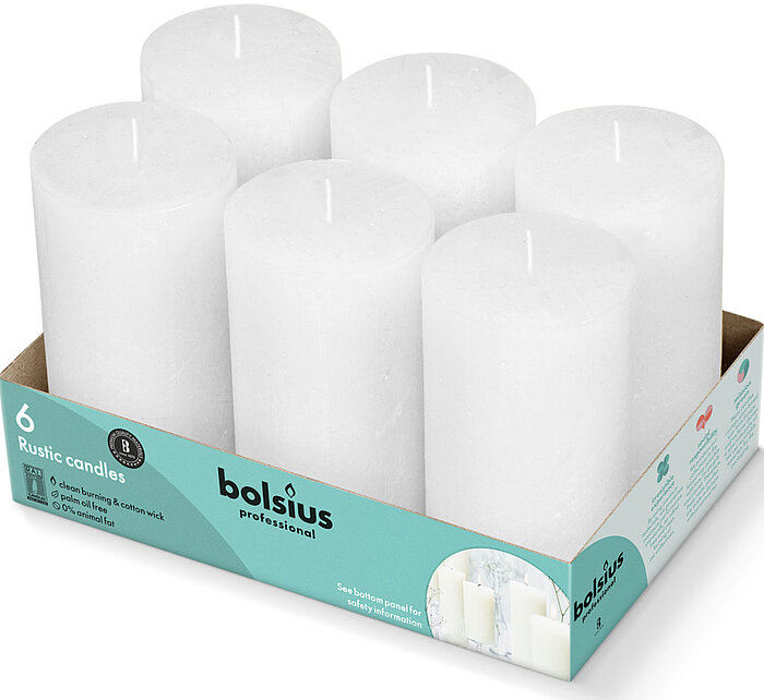 6 rustik Stumpenkerzen von Bolsius Professional in der Größe 13x6,8cm in der Farbe wolkiges Weiß.