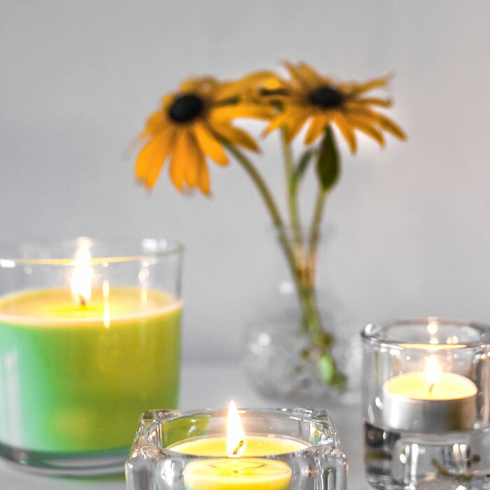 Vier brennende Duftkerzen von Bolsius in einem minimalistischen und eleganten Arrangement. Drei der Kerzen sind in quadratischen und zylindrischen Glasbehältern, die in den Farben Grün und Weiß leuchten und eine beruhigende Atmosphäre schaffen. Im Hinterg