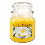 Eine Duftkerze im Apothekerglas von Prices Candles in der Größe 14,2x9,5cm mit dem Duft Frangipani und einem Gewicht von 411g.