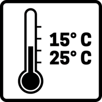 Grabkerzen Piktogramm: Ideales Brennverhalten zwischen 15°C - 25°C.