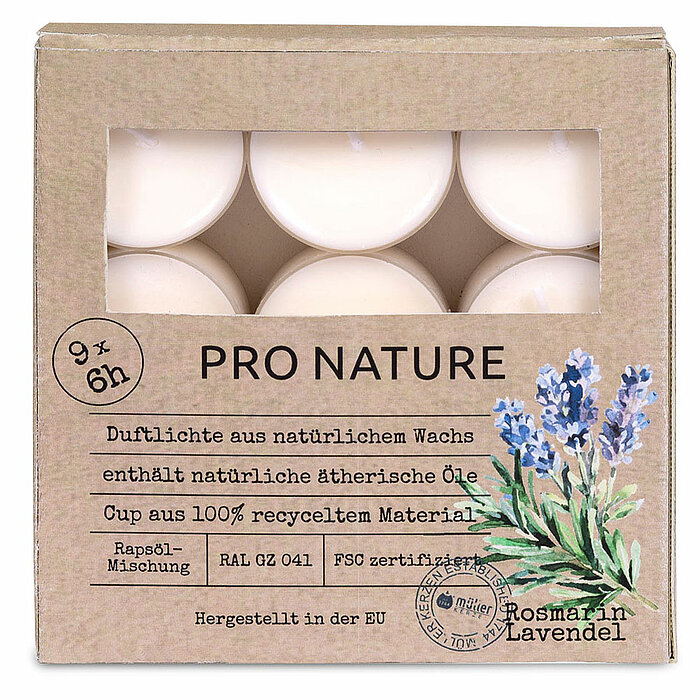 24 Raps Duft-Teelichter von Müller Kerzenfabrik in der Größe 2,4x3,8cm in der Geruchssorte Rosmarin & Lavendel.