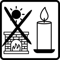 Kerzen Piktogramm: Vor Wärmequellen und direkter Sonneneinstrahlung schützen.