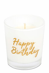 Ein weißes Teelicht in einem transparenten Glasbehälter. Auf dem Glas steht in goldener Schrift "Happy Birthday". Das Teelicht ist nicht angezündet.