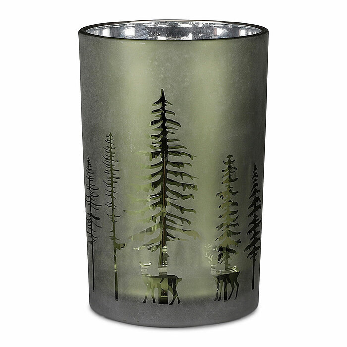 Ein Teelichthalter in Baumform von Edelman in der Größe 18x12cm in der Farbe grün.