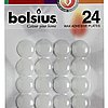 Eine Packung Bolsius Wachsklebeplättchen, bestehend aus 24 klaren, runden Klebepunkten. Die Verpackung ist hauptsächlich in Weiß gehalten, mit der Aufschrift "Bolsius Colour your home" sowie "Wachsklebeplättchen" in mehreren Sprachen. Ein Bolsius-Logo und