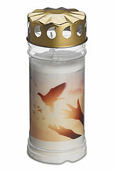 1 Bolsius Grablicht Nr. 5 mit Deckel und Motiv Taube in der Größe 16,5x7,5cm in der Farbe Weiß.