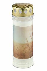 1 Bolsius Grablicht Nr. 7 mit Deckel und Motiv Pusteblume in der Größe 20x7,5cm in der Farbe Weiß.