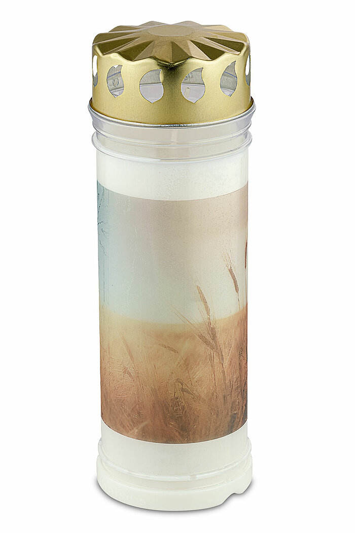 1 Bolsius Grablicht Nr. 7 mit Deckel und Motiv Pusteblume in der Größe 20x7,5cm in der Farbe Weiß.