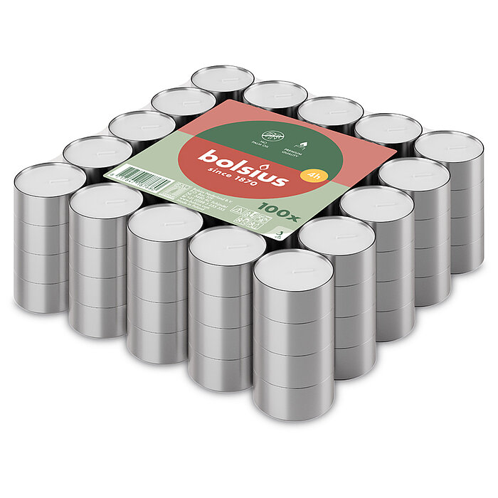 100 Teelichte von Bolsius mit einer Brenndauer von 4 Stunden in der Größe 1,5x3,8cm in der Farbe weiß.