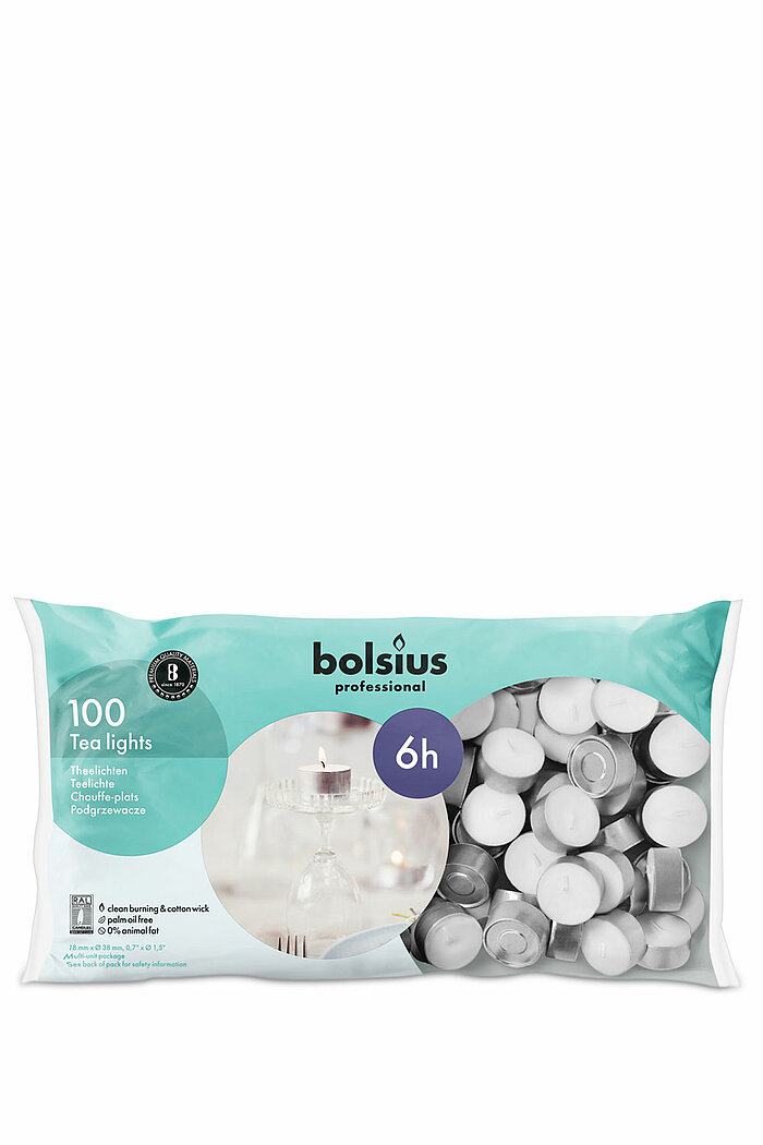 100 Teelichter von Bolsius Professional in der Größe 1,7x3,8cm mit einer Brenndauer von 6 Stunden in der Farbe weiß.