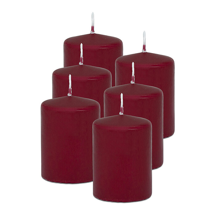 6 Stumpenkerzen von Decolite in der Größe 8x6cm in der Farbe altrot.