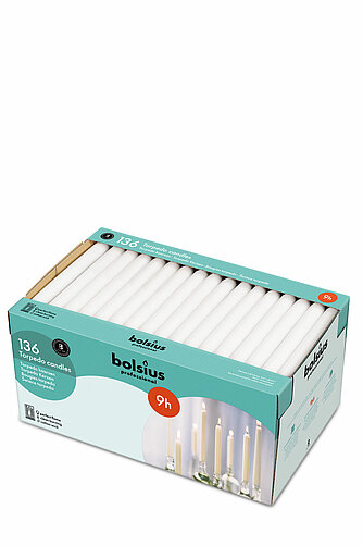 Bolsius Dinnerkerzen 240/22mm - 136er Box - weiß Artikelvorschau Dinnerkerzen 240/22mm - 136er Box - weiß