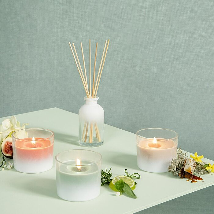 Drei brennende Duftkerzen von Bolsius in Glasbehältern stehen auf einem mintgrünen Tisch. Die Kerzen sind in den Farben Rosa, Sand und Mint gehalten. Neben den Kerzen liegen Blätter, Blüten und eine Feige, die eine natürliche Frische in die Szene bringen.