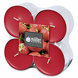 8 Maxi-Duft-Teelichter von Müller Kerzenfabrik in der Größe 2,2x5,7cm mit dem Geruch Erdbeer-Liebe.