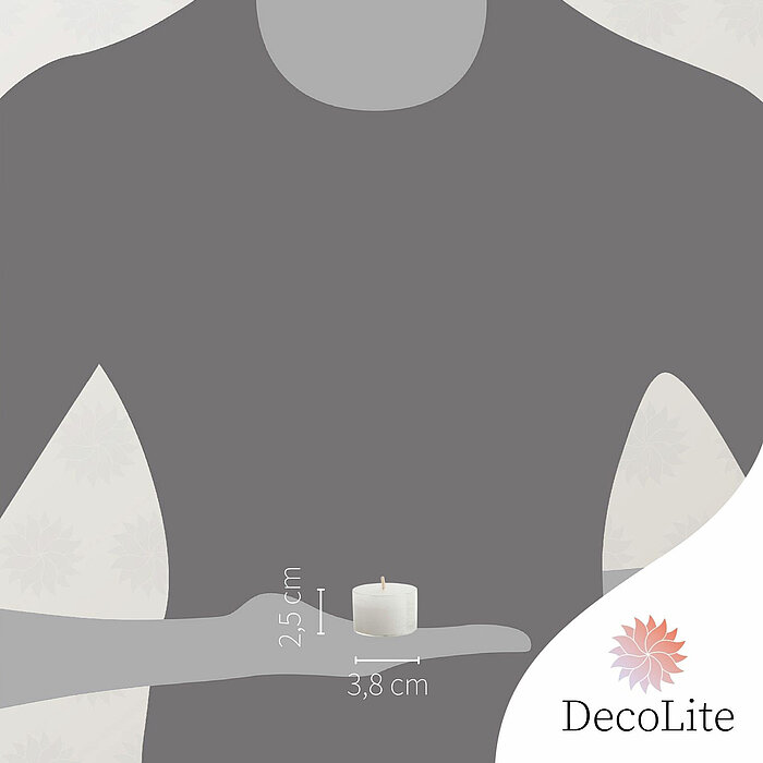 Das Bild zeigt eine Produktinformation für DecoLite Nightlights. Auf einer weißen Hintergrundfläche sind Details über die Kerzen abgebildet. Es gibt eine Abbildung einer weißen Teelichtkerze mit den Maßen 2,5 cm in der Höhe und 3,8 cm im Durchmesser. Die 