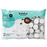 90 Teelichter von Bolsius Professional in der Größe 3,8x3,8cm mit einer Brenndauer von 8 Stunden in der Farbe weiß.