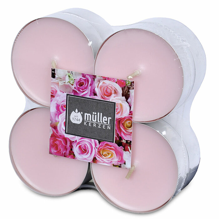 Acht Maxi-Duft-Teelichter von Müller Kerzenfabrik in der Größe 2,2x5,7cm mit dem Duft Englische Rose.