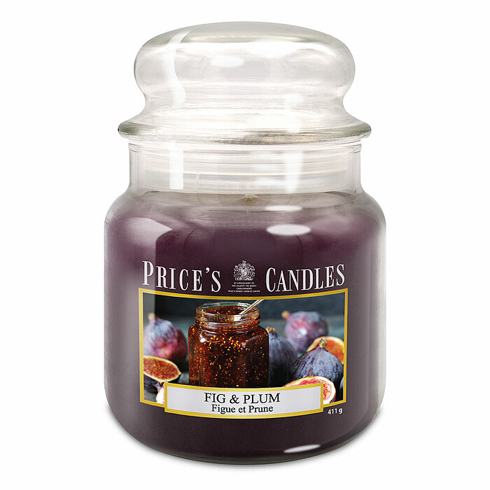 Eine Kerze im Apothekerglas von Prices Candles in der Größe 14,2x9,5cm mit dem Duft von Feige und Pflaume und einem Gewicht von 411g.