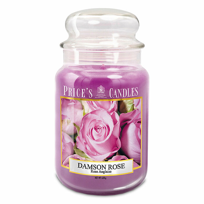 Eine Duftkerze im Apothekerglas von Prices Candles in der Größe 19,5x10cm mit dem Duft Damson Rose und einem Gewicht von 630g.