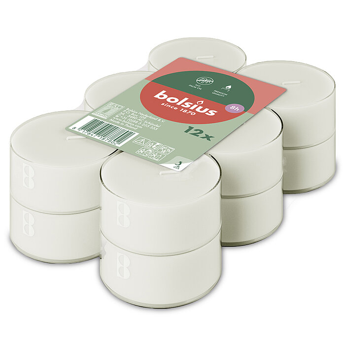 12 Maxi-Teelichte von Bolsius in der Größe 5,6x2,4cm in der Farbe weiß.