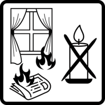 Kerzen Piktogramm: Nicht in der Nähe von entflammbaren Gegenständen aufstellen.