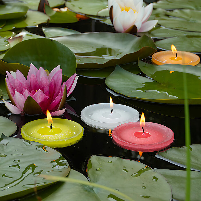 Drei brennende Schwimmkerzen des Herstellers "Wenzel" in Weiß, Gelb und Rot, schwimmen auf Seerosenblättern in einem Teich. Im Hintergrund sind weitere Seerosenblätter und Blüten in zartem Rosa und Weiß zu sehen.